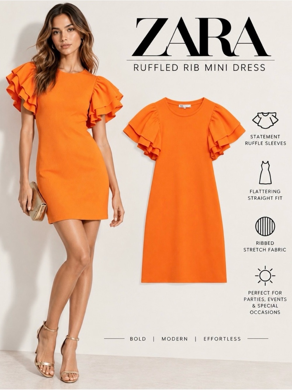 Zara Vibrant Orange Ruffle-Sleeve Mini Dress NWT
